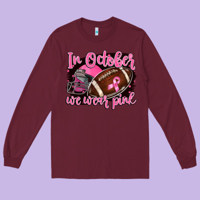 In October We Wear Pink With Football Long Sleeve Tee Designed By Barkaloodesign