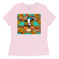 Bubblegum Pink Cow fall pumpkin Ladies Tee - Artiststas