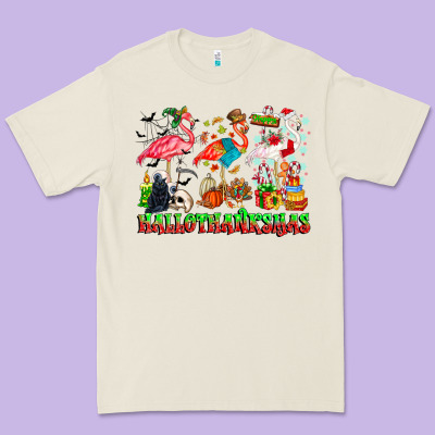 Happy Hallothanksmas Flamingo Premium Tee Designed By Cowhidedigitalart