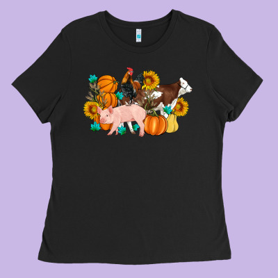 Farm Life Fall Pig Cow Rooster Ladies Tee Designed By Artiststas