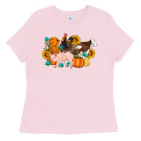 Bubblegum Pink Farm Life Fall Pig Cow Rooster Ladies Tee - Artiststas