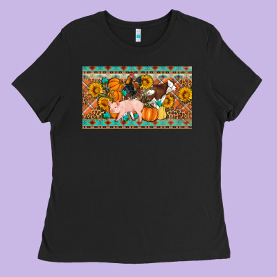 Fall Farm Animals Cow Pig Rooster Ladies Tee Designed By Artiststas