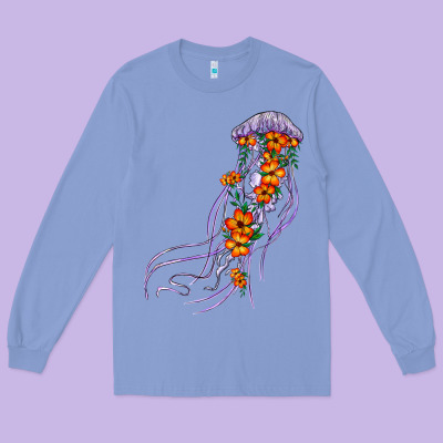 Light Purple Jellyfish And Floral Long Sleeve Tee Designed By Barkaloodesign