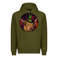 Army Green halloween highland cow round Premium Hoodie - RanaPortraitStore