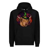Black halloween highland cow round Premium Hoodie - RanaPortraitStore