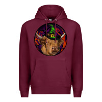 Burgundy halloween highland cow round Premium Hoodie - RanaPortraitStore