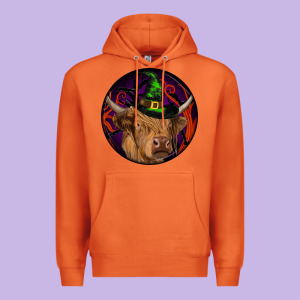 Halloween Highland Cow Round Premium Hoodie Designed By Ranaportraitstore