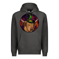 Charcoal Heather halloween highland cow round Premium Hoodie - RanaPortraitStore
