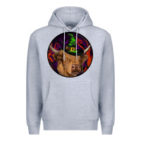 Heather Grey halloween highland cow round Premium Hoodie - RanaPortraitStore