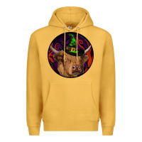Mustard halloween highland cow round Premium Hoodie - RanaPortraitStore