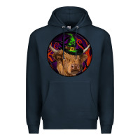 Navy halloween highland cow round Premium Hoodie - RanaPortraitStore