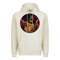 Oatmeal Heather halloween highland cow round Premium Hoodie - RanaPortraitStore