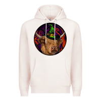 Pale Pink halloween highland cow round Premium Hoodie - RanaPortraitStore