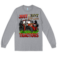 Heather Grey just a boy who loves tractors red tractor Long Sleeve Tee - BarkalooDesign