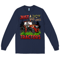 Navy just a boy who loves tractors red tractor Long Sleeve Tee - BarkalooDesign