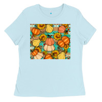 Baby Blue pumpkin sunflowers leaves Ladies Tee - Artiststas