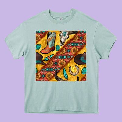 Western Cowboy Bull Skull Seamless Pattern Heavy Core Tee Designed By Bundleandbundleshop