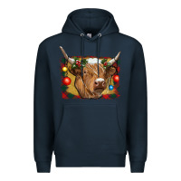 Navy highland cow christmas Premium Hoodie - RanaPortraitStore