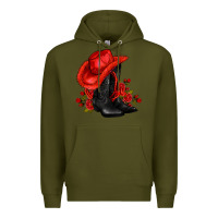 Army Green valentines day cowboy boots red  and roses Premium Hoodie - AdoDesignShop