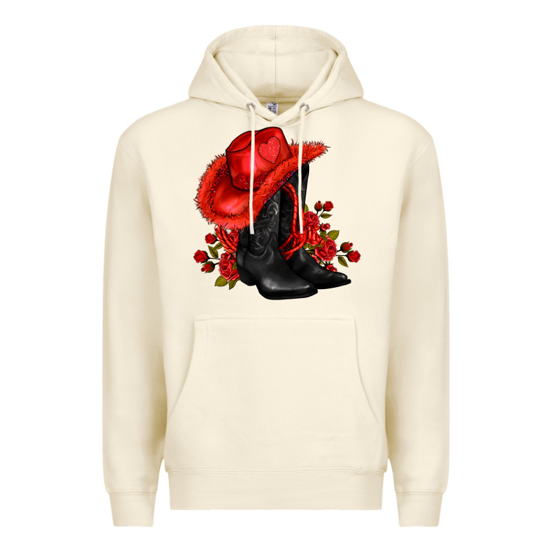 Valentines Day Cowboy Boots Red  And Roses Premium Hoodie by AdoDesignShop | Teevron