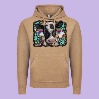 Western Background Turquoises Gemstones Black And White Baby Cow Vintage Hoodie Designed By Barkaloodesign