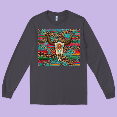 Western Serape Leopard Bull Skull Turquoise Long Sleeve Tee Designed By Artiststas
