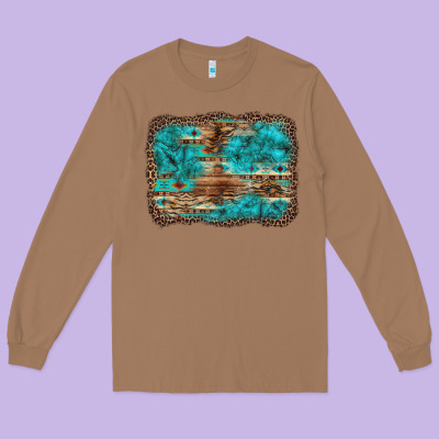 Western Turquoise Stone Aztec Tiger Pattern Background Long Sleeve Tee Designed By Artiststas