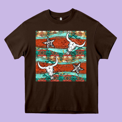 Western Aztec Bull Skull Stars Seamless Pattern Heavy Core Tee Designed By Bundleandbundleshop