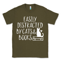 Army Green easily distracted by cats and books   cute book lover t shirt Classic Tee - linhVisuals