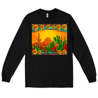 Black desert sunset with cactus sunflowers and leopard Long Sleeve Tee - Artiststas
