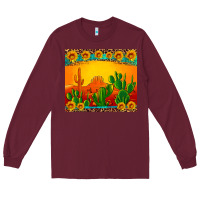 Burgundy desert sunset with cactus sunflowers and leopard Long Sleeve Tee - Artiststas