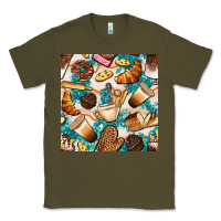 Army Green bakery coffee cups cookie and donut with turquoise glitter seamless pa Classic Tee - BundleAndBundleShop