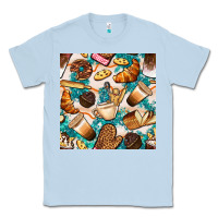 Dusty Blue bakery coffee cups cookie and donut with turquoise glitter seamless pa Classic Tee - BundleAndBundleShop