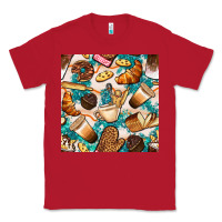 Red bakery coffee cups cookie and donut with turquoise glitter seamless pa Classic Tee - BundleAndBundleShop