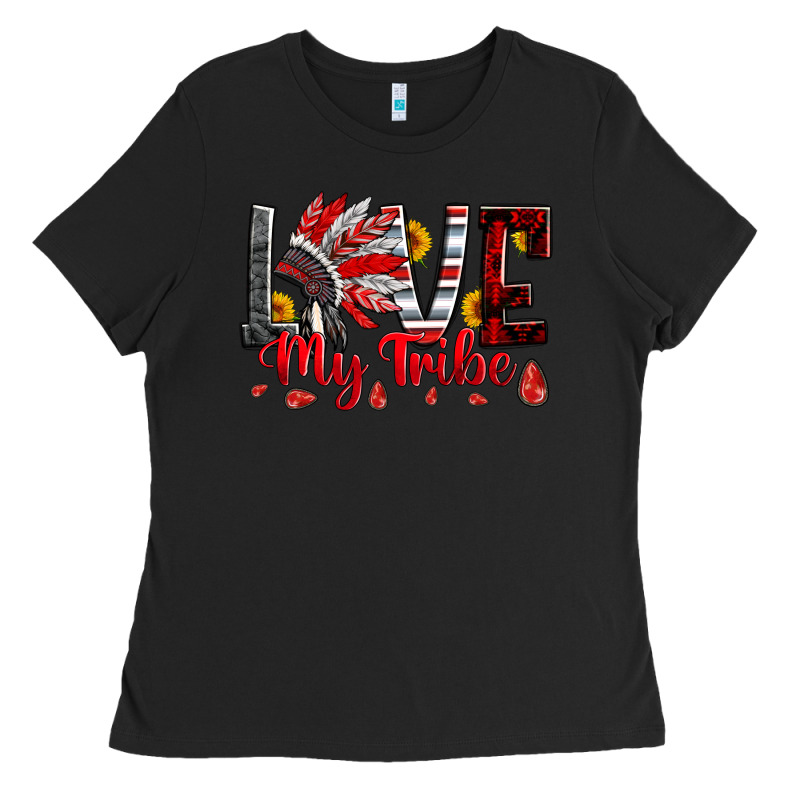 Red Black Grey White Love My Tribe Indian Headdres Ladies Tee by Artiststas | Teevron