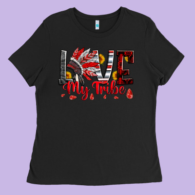 Red Black Grey White Love My Tribe Indian Headdres Ladies Tee Designed By Artiststas