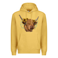 Antique Gold highland cow with sunflowers turquoise Premium Hoodie - RanaPortraitStore