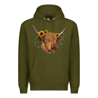 Army Green highland cow with sunflowers turquoise Premium Hoodie - RanaPortraitStore