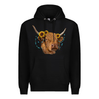 Black highland cow with sunflowers turquoise Premium Hoodie - RanaPortraitStore