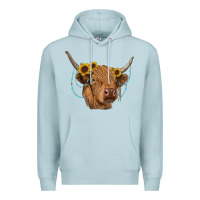 Blue Mist highland cow with sunflowers turquoise Premium Hoodie - RanaPortraitStore