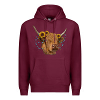 Burgundy highland cow with sunflowers turquoise Premium Hoodie - RanaPortraitStore