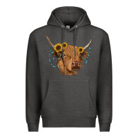 Charcoal Heather highland cow with sunflowers turquoise Premium Hoodie - RanaPortraitStore