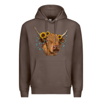 Coffee highland cow with sunflowers turquoise Premium Hoodie - RanaPortraitStore