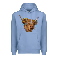 Colony Blue highland cow with sunflowers turquoise Premium Hoodie - RanaPortraitStore