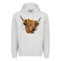 Dove Grey highland cow with sunflowers turquoise Premium Hoodie - RanaPortraitStore
