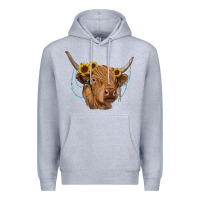 Heather Grey highland cow with sunflowers turquoise Premium Hoodie - RanaPortraitStore