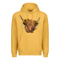 Mustard highland cow with sunflowers turquoise Premium Hoodie - RanaPortraitStore