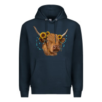 Navy highland cow with sunflowers turquoise Premium Hoodie - RanaPortraitStore
