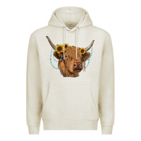 Oatmeal Heather highland cow with sunflowers turquoise Premium Hoodie - RanaPortraitStore