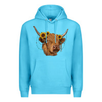 Ocean Blue highland cow with sunflowers turquoise Premium Hoodie - RanaPortraitStore